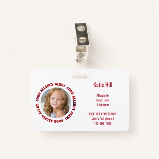 子供のカスタムな写真の食物アレルギー医学警報 バッジ (正面クリップ)