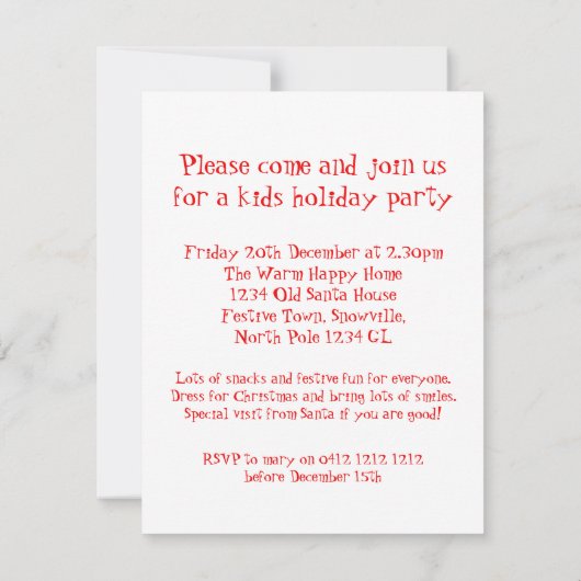 子供のクリスマスのパーティの招待状はトナカイ雪が降りました 招待状 (裏面)