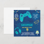 子供のクールな青いビデオゲームの子供の誕生日パーティーの招待状 招待状 (正面/裏面)