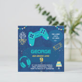 子供のクールな青いビデオゲームの子供の誕生日パーティーの招待状 招待状 (スタンド正面)