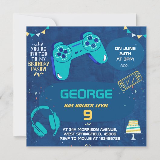 子供のクールな青いビデオゲームの子供の誕生日パーティーの招待状 招待状 (正面)