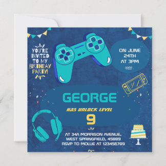 子供のクールな青いビデオゲームの子供の誕生日パーティーの招待状 招待状