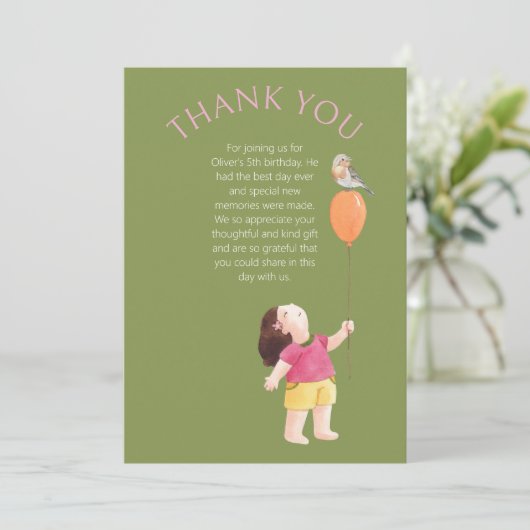 子供のグリーン ピンクの誕生日ピクニックお礼カード サンキューカード (スタンド正面)