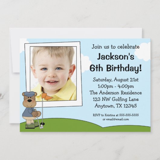 子供のゴルフくまの写真のバースデーパーティ招待状 招待状 (正面)