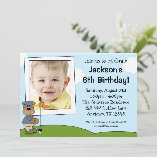 子供のゴルフくまの写真のバースデーパーティ招待状 招待状 (スタンド正面)