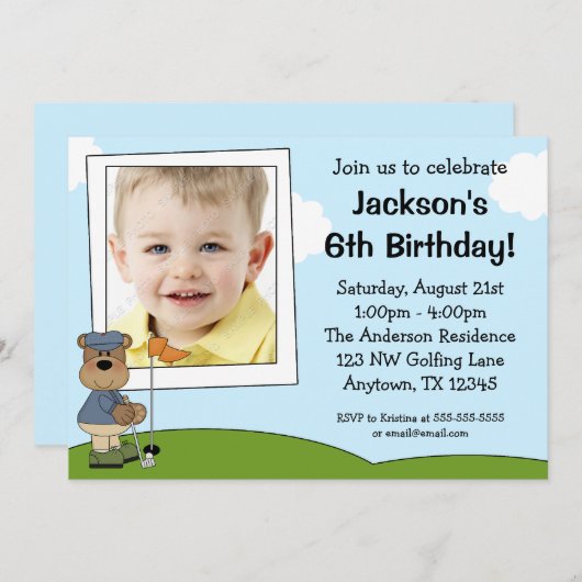 子供のゴルフくまの写真のバースデーパーティ招待状 招待状 (正面/裏面)