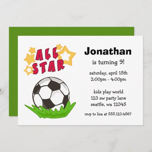 子供のサッカーオールスターのバースデーパーティ招待状 招待状 (正面/裏面)