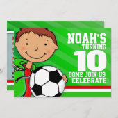 子供のサッカー/フットボールの緑の第10誕生日の招待 招待状 (正面/裏面)