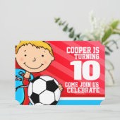 子供のサッカー 10歳の誕生日 赤い招待状 招待状 (スタンド正面)