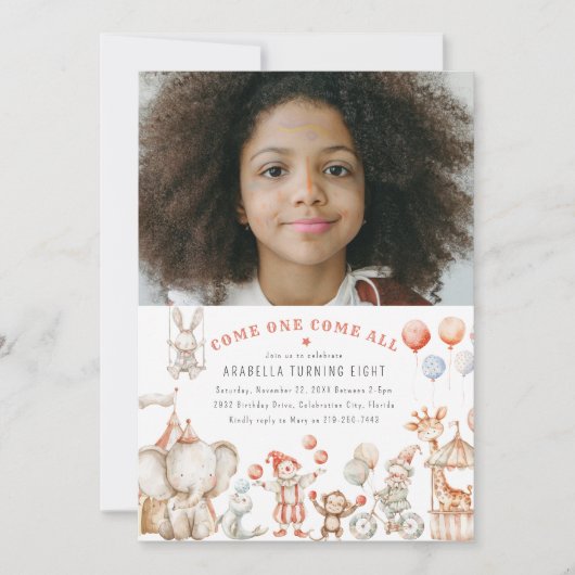 子供のサーカスをテーマにした写真の誕生日パーティー招待状 招待状 (正面)