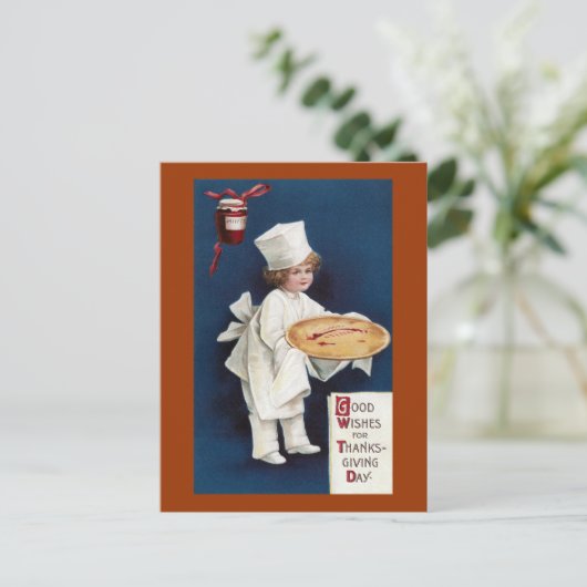 子供のシェフはとのミートバイのヴィンテージの感謝祭を シーズンポストカード (スタンド正面)