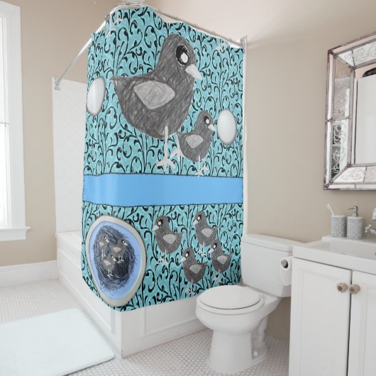 子供のシャワーカーテンを巣にしている鳥 シャワーカーテン (インサイチュ)