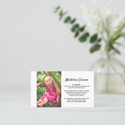 子供のシンプルな写真の食物アレルギー医学の注意深いカード コーリングカード (スタンド正面)