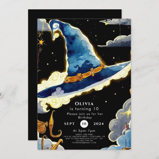 子供のシンプル魔法ウィザード誕生日 招待状 (正面/裏面)