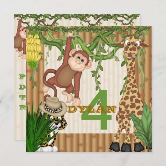 子供のジャングルサファリの誕生日の招待状のテンプレート 招待状 (正面/裏面)