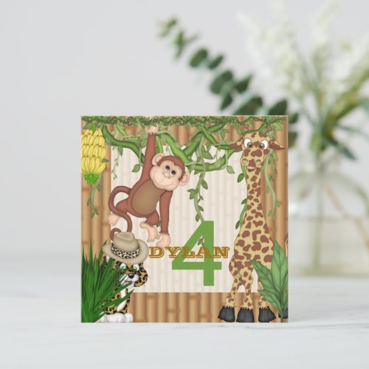 子供のジャングルサファリの誕生日の招待状のテンプレート 招待状 (スタンド正面)