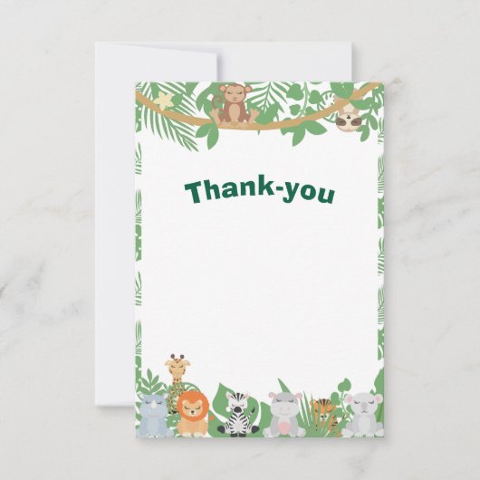 子供のジャングル動物パーティーのフラットありがとうカード サンキューカード (正面)