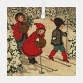 子供のスキー、ヴィンテージの冬のシーン ガラスオーナメント (裏面)