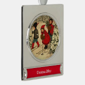 子供のスキー、ヴィンテージの冬のシーン シルバープレートバナーオーナメント (右)