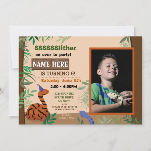 子供のスネーク誕生日パーティー爬虫類写真 招待状 (正面)