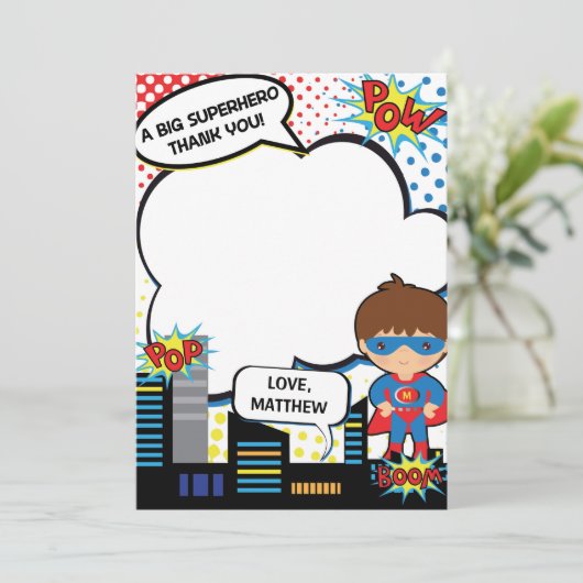 子供のスーパーヒーローの誕生会のサンキューカードの男の子 サンキューカード (スタンド正面)