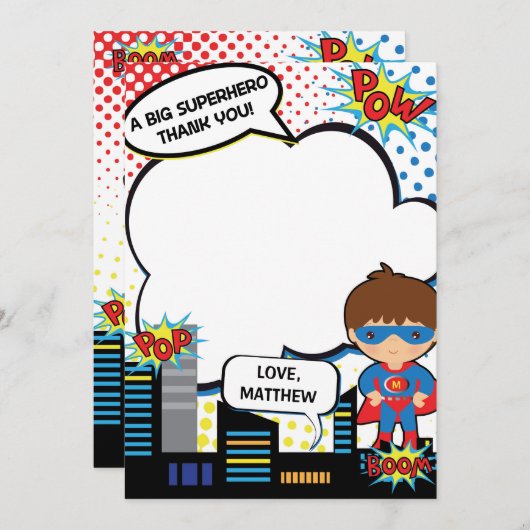 子供のスーパーヒーローの誕生会のサンキューカードの男の子 サンキューカード (正面/裏面)