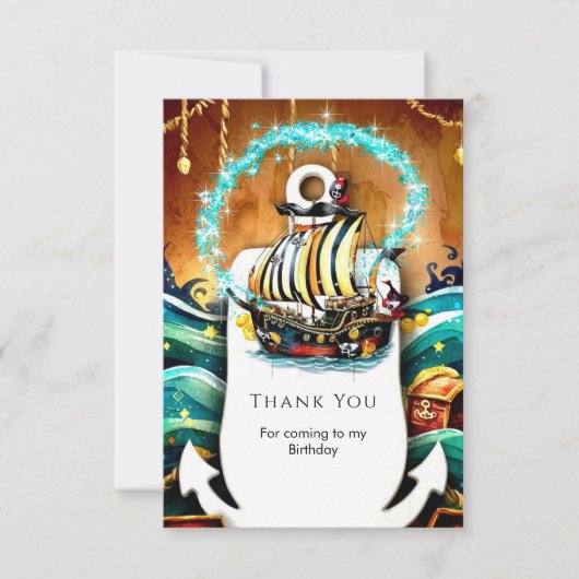 子供のソフトな船の冒険 海賊の誕生日 サンキューカード (正面)