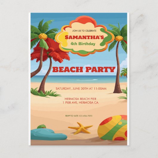 子供のトロピカルレゲエビーチバースデー招待状 ポストカード (正面)