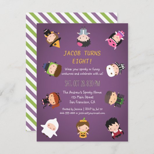 子供のハロウィンの衣裳のバースデーパーティ招待状 招待状 (正面/裏面)