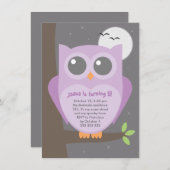 子供のハロウィンの誕生会の紫色のフクロウの木 招待状 (正面/裏面)