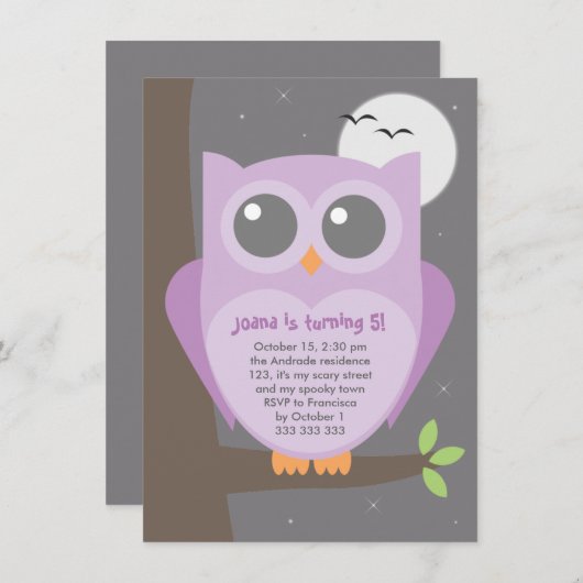 子供のハロウィンの誕生会の紫色のフクロウの木 招待状 (正面/裏面)