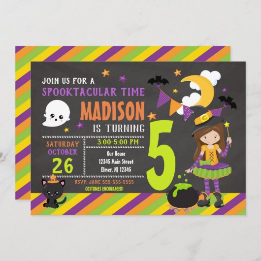 子供のハロウィンの誕生日の招待状-魔法使いの招待 招待状 (正面/裏面)