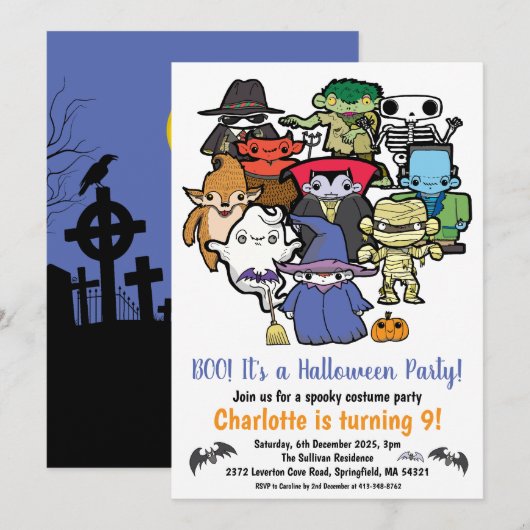 子供のハロウィン誕生日パーティー 招待状 (正面/裏面)