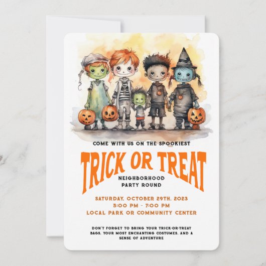 子供のハロウィーン周辺パーティーをトリックまたは治療する 招待状 (正面)