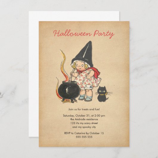 子供のハローウィンパーティのかわいい魔法使いの醸造物の黒猫 招待状 (正面/裏面)