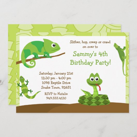 子供のハ虫類の誕生日のパーティの招待状 招待状 (正面/裏面)