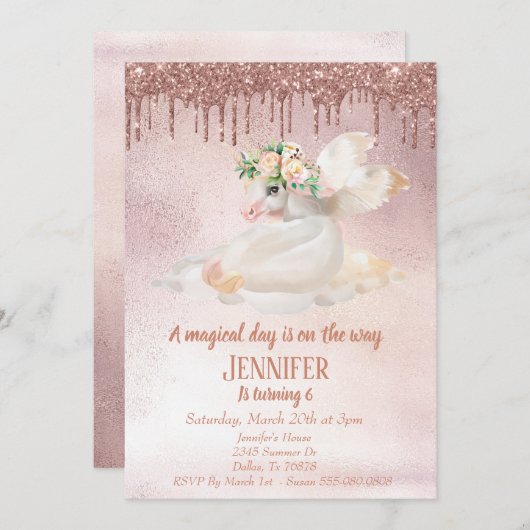 子供のバラ金ゴールドグリッタードリップスユニコーンペガサス 招待状 (正面/裏面)
