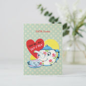 子供のバレンタインデーのかわいいティーセットのレトロのバレンタイン シーズンポストカード (スタンド正面)