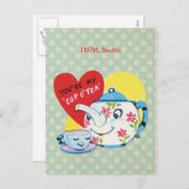 子供のバレンタインデーのかわいいティーセットのレトロのバレンタイン シーズンポストカード (正面/裏面)