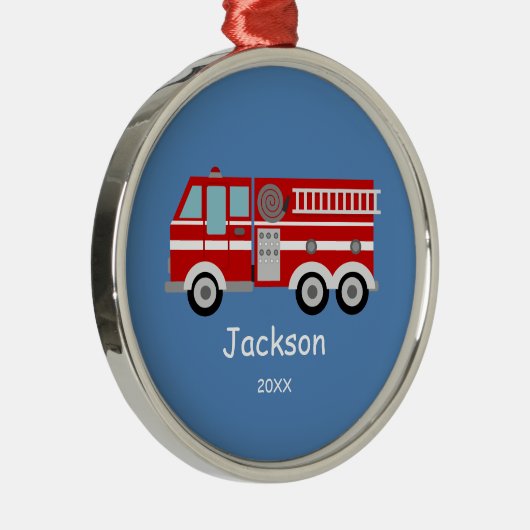子供のパーソナライズで赤い普通消防車のクリスマス メタルオーナメント (右)