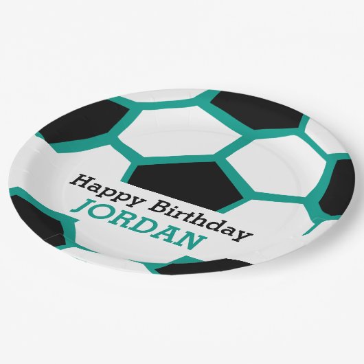 子供のパーソナライズなサッカーのハッピーバースデーのスポーツ ペーパープレート (アングル)