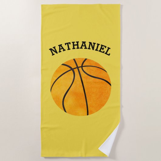 子供のパーソナライズなバスケットボールはオレンジ黄色を遊ばします ビーチタオル (正面)