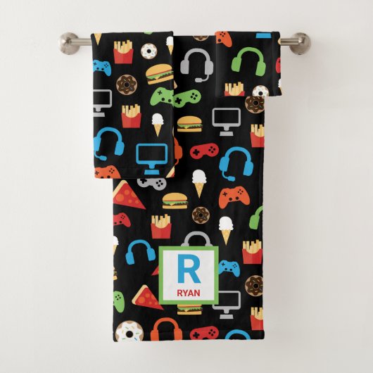 子供のパーソナライズなビデオゲームの軽食のゲーマーパターン バスタオルセット (インサイチュ)