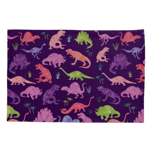 子供のパーソナライズな恐竜のシルエットの紫色のピンク 枕カバー (裏面)