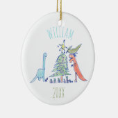 子供のパーソナライズな恐竜の休日のクリスマス セラミックオーナメント (右)