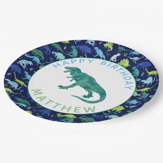子供のパーソナライズな恐竜の誕生会パターン ペーパープレート (アングル)