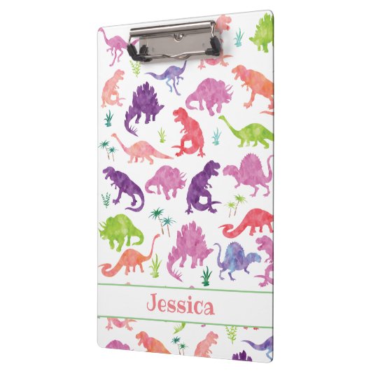 子供のパーソナライズな水彩画の恐竜の紫色のピンク クリップボード (左)