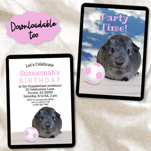 子供のパーティーピンク白サッカーボールギニアピグ 招待状