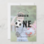 子供のフェードスポーツ写真 サッカー 1歳の誕生日パーティー 招待状 (正面)