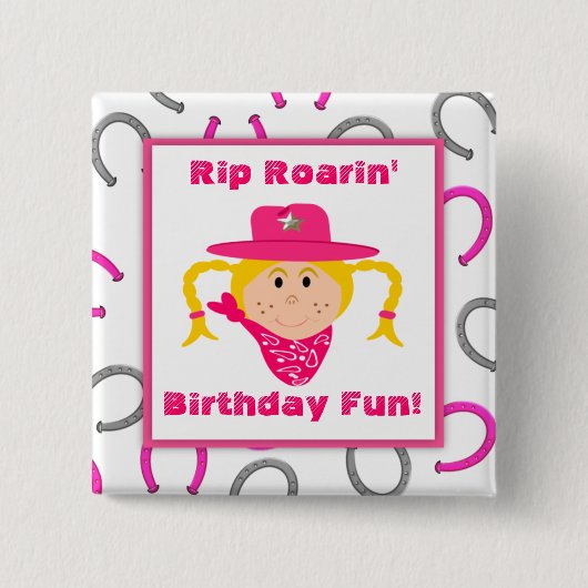 子供のブロンドの女性のカーボーイの蹄鉄のパーティの記念品 缶バッジ (正面)